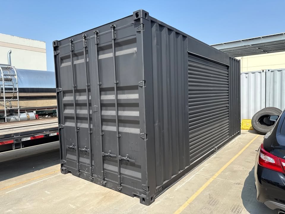 20ft Shipping Container – Matte Black w/ 12’ Side Roll-Up Door